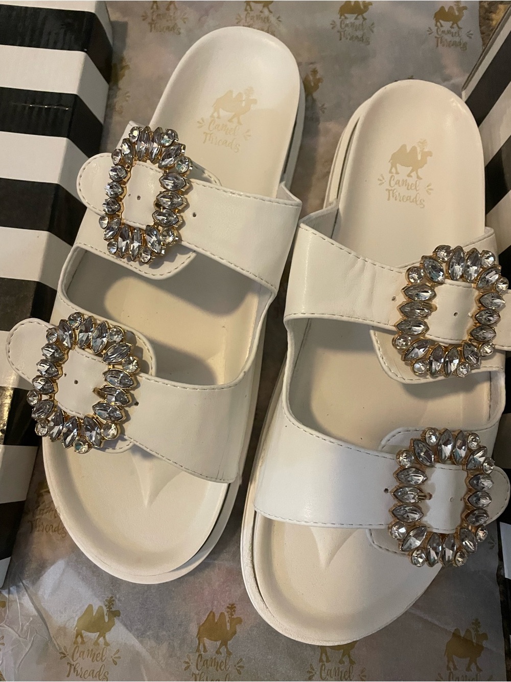 Camel Threads white slip on sandals with rhinestones